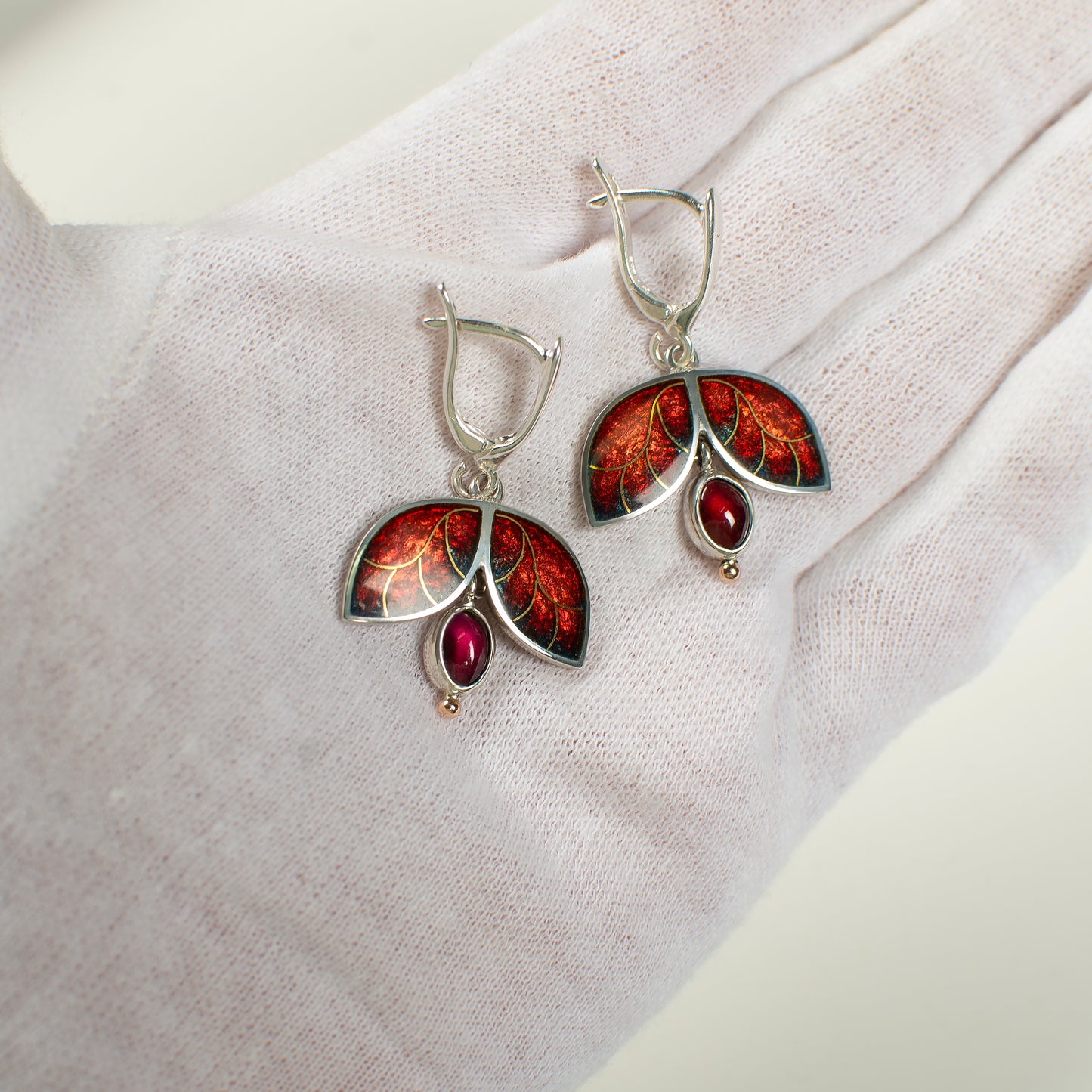 Red Enamelled Butterfly Golden Earrings With Garnet Stone