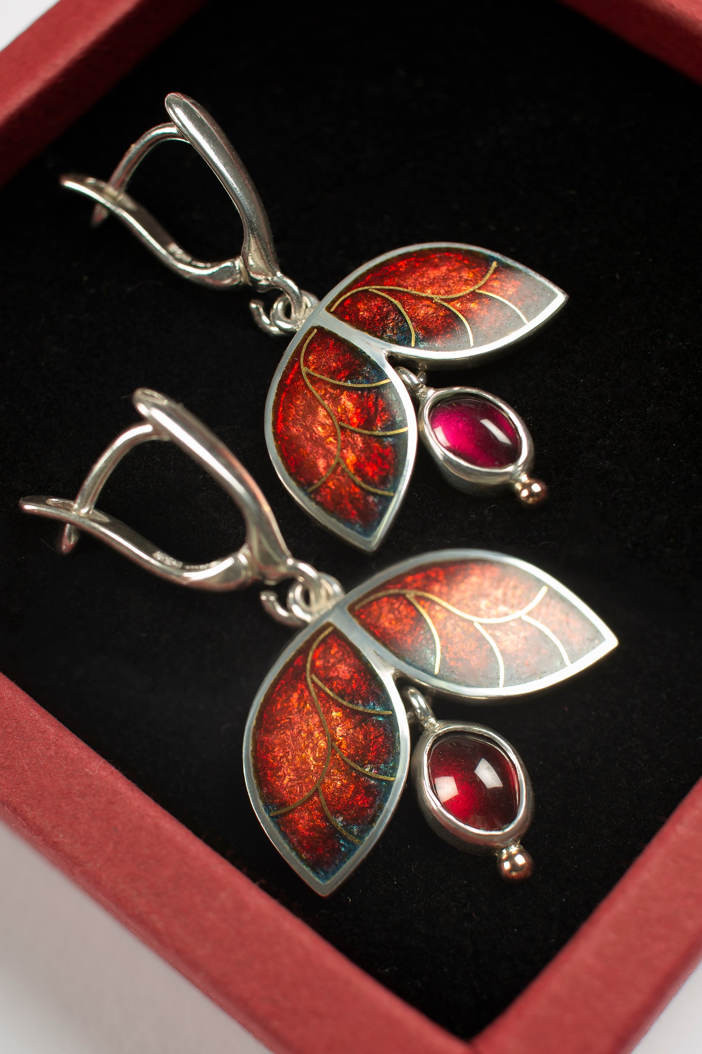 Red Enamelled Butterfly Golden Earrings With Garnet Stone