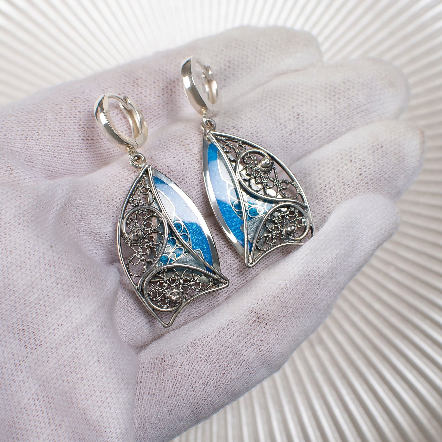 Filigree Earrings Sail, Cloisonne Enamel And Sterling Silver Nautical Earrings