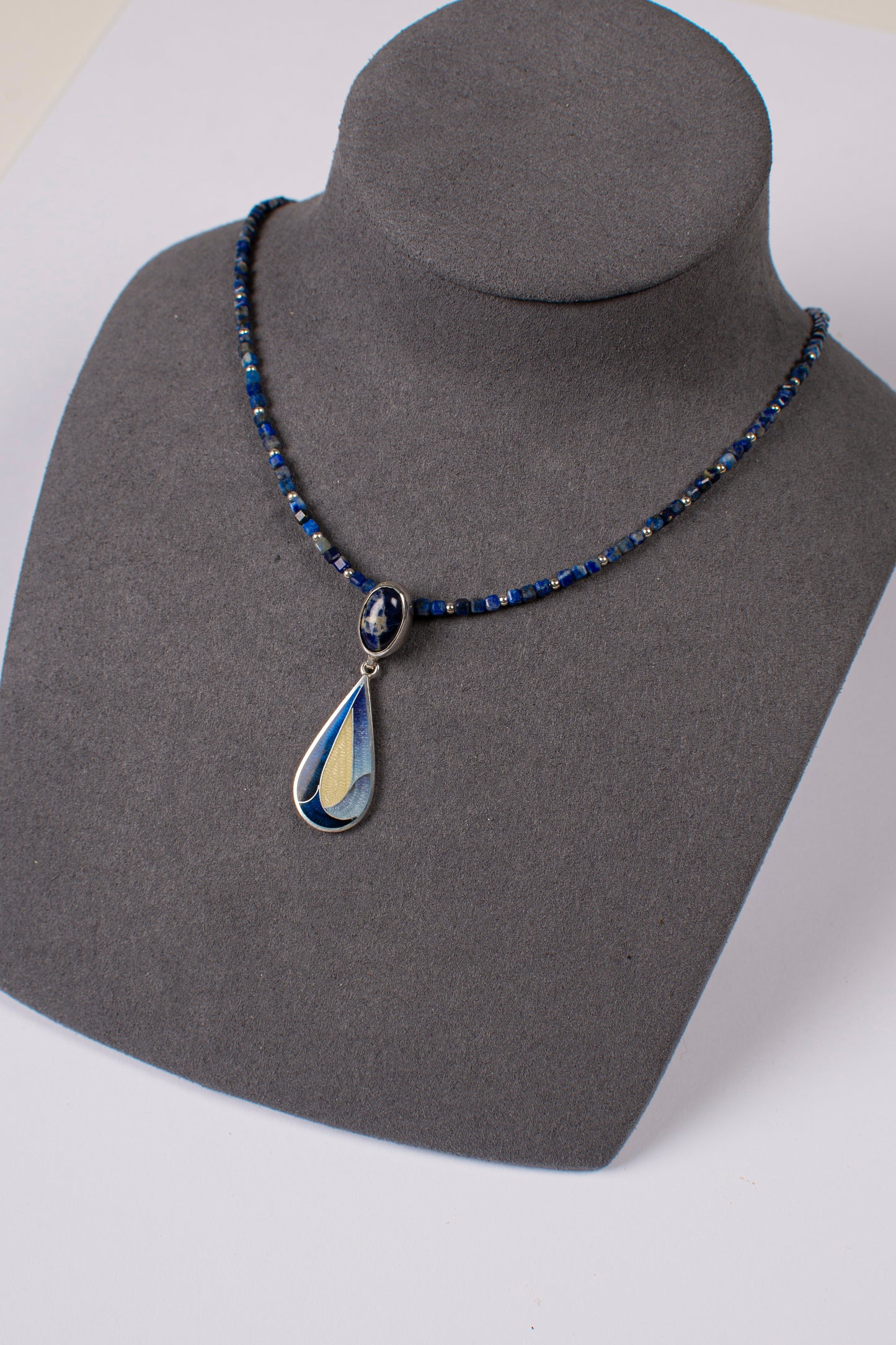 Lazurite Necklace, Cloisonne Enamel And Sterling Silver Pendant