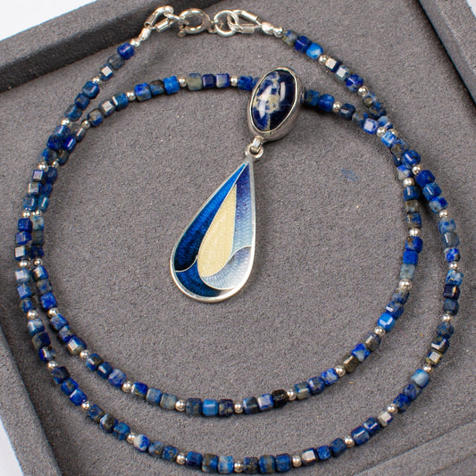 Lazurite Necklace, Cloisonne Enamel And Sterling Silver Pendant