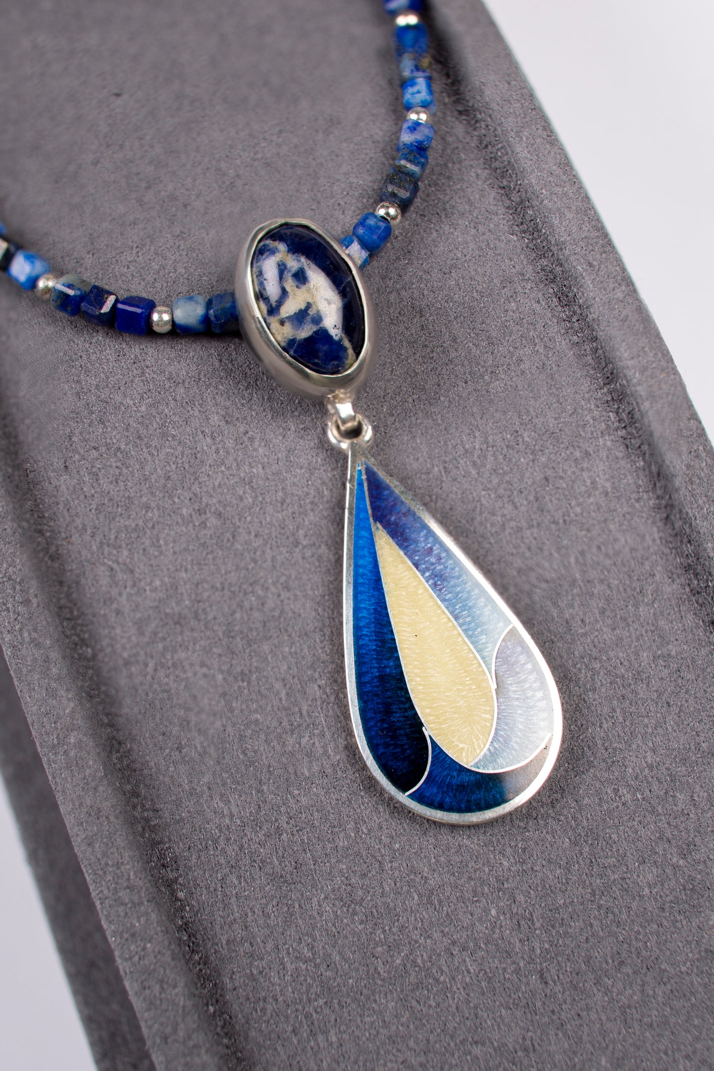 Lazurite Necklace, Cloisonne Enamel And Sterling Silver Pendant