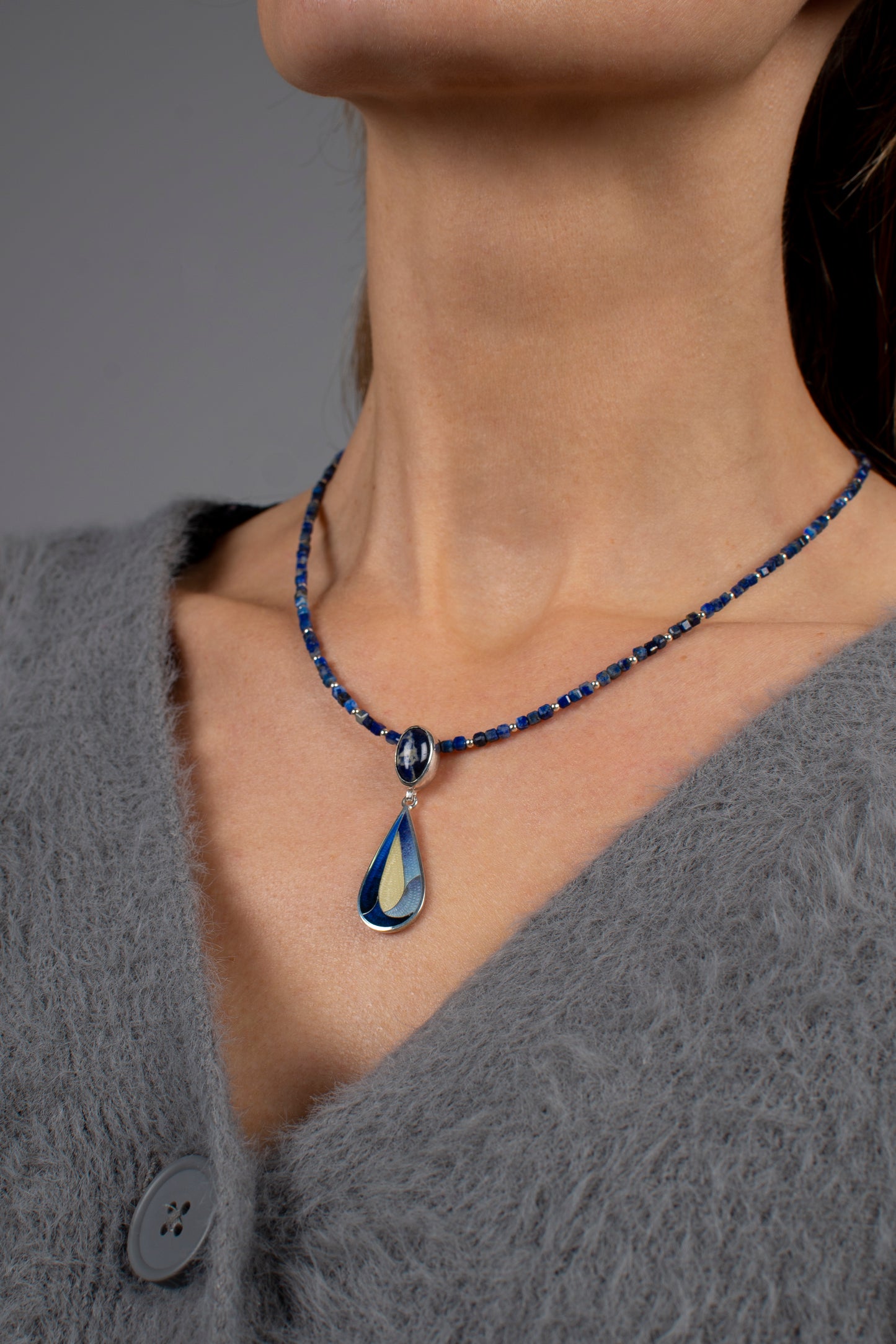 Lazurite Necklace, Cloisonne Enamel And Sterling Silver Pendant