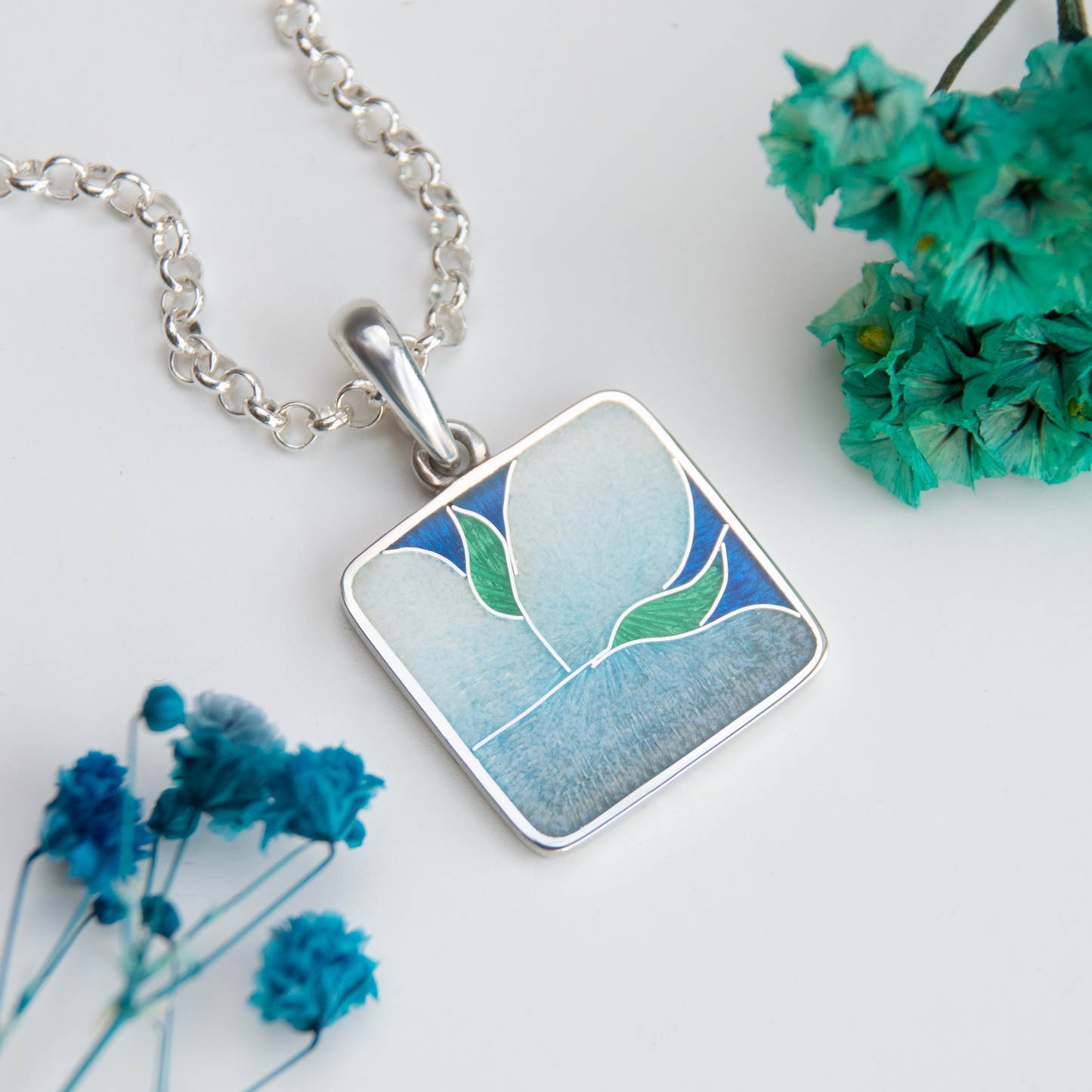 Square, Silver, Cloisonné Enamel Pendant "Stained-Glass Window"