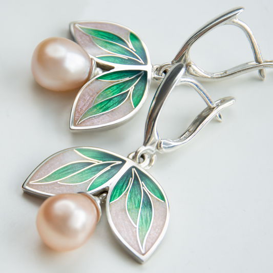 Hortensia Two Leaves  Cloisonné Enamel  Earrings With Rose  Freshwater Pearls