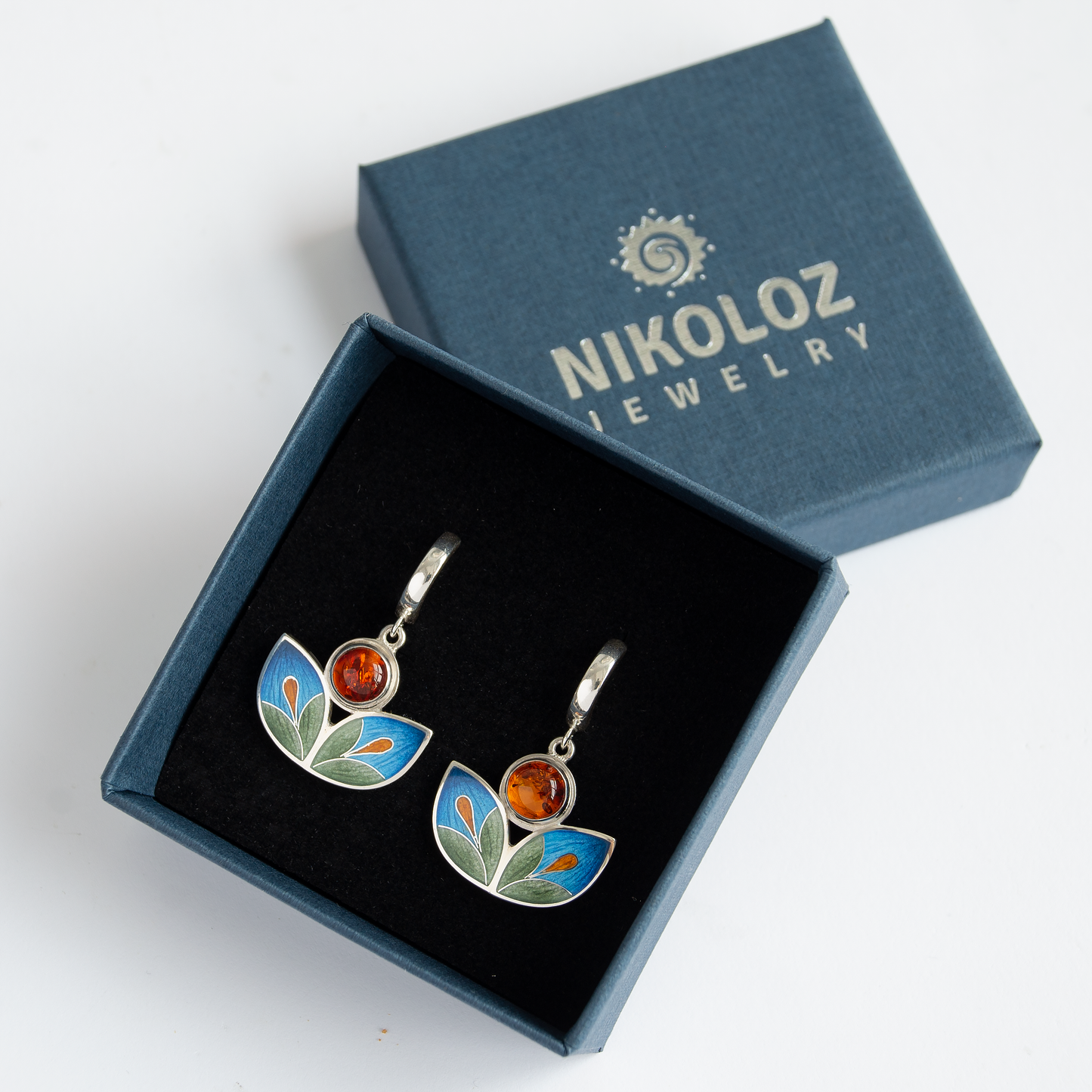 Cloisonné Enamel and Baltic Amber Stone Earrings ,"Fern Flower"