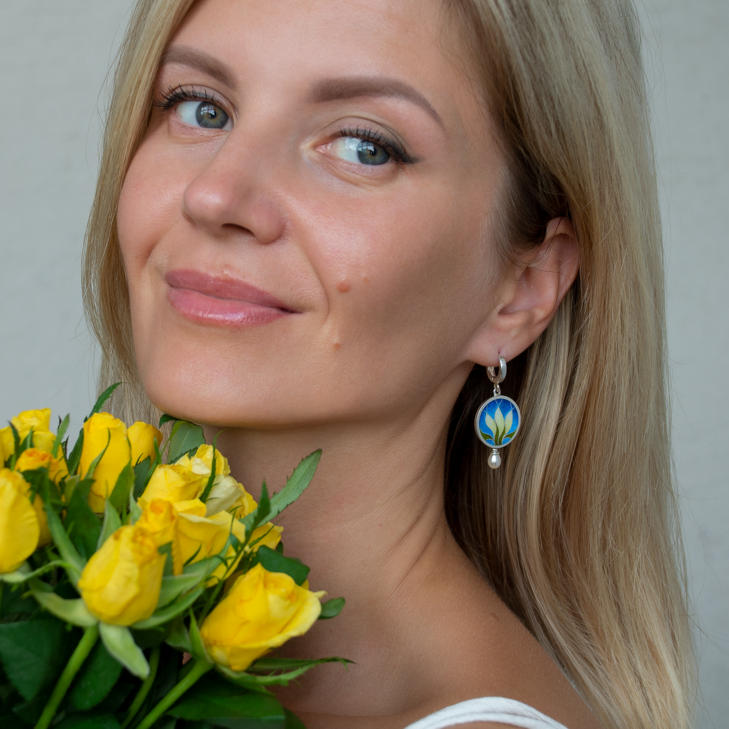 Pale Yellow Floral Earrings With White Pearls. Cloisonné Enamel Technique